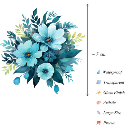 Transparent PET Stickers – Watercolor Cyan Flowers (The Aqua Blossoms)