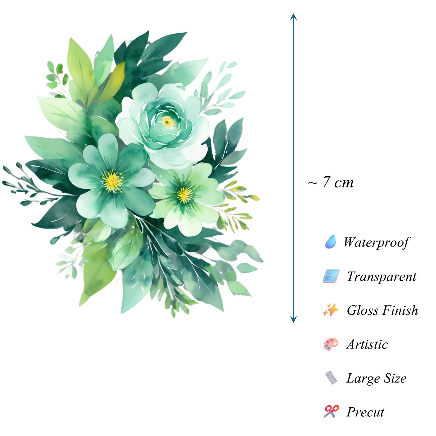 Transparent PET Stickers – Watercolor Green Flowers (The Verdant Serenade)
