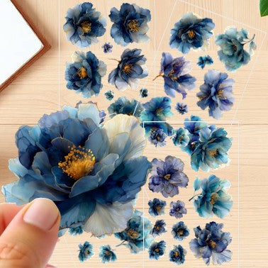 The Opulent Blossoms - 30+ Dark Blue Colored Fantasy Flower Transparent Stickers Pack