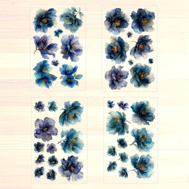 The Opulent Blossoms - 30+ Dark Blue Colored Fantasy Flower Transparent Stickers Pack