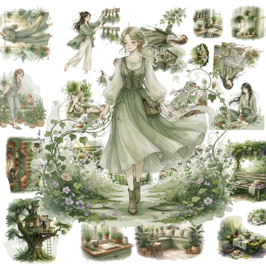 The Herb Garden - 30+ Green Colored Cottagecore Journal Scrapbook Aesthetic Transparent Stickers