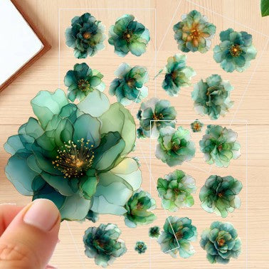 The Emerald Whispers - 30+ Green Colored Fantasy Flower Transparent Stickers Pack