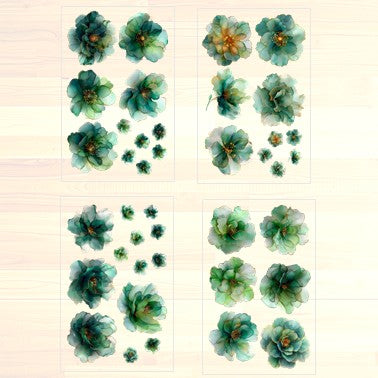 The Emerald Whispers - 30+ Green Colored Fantasy Flower Transparent Stickers Pack