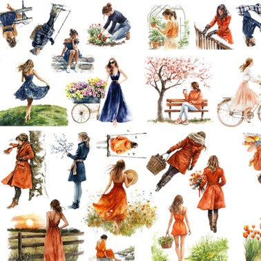 The Tangerine Skies - Navy Blue & Orange Aesthetic Nature Girl Character Transparent Stickers