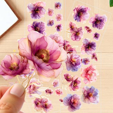 The Rose Noir - 30+ Dark Pink Colored Fantasy Flower Transparent Stickers Pack