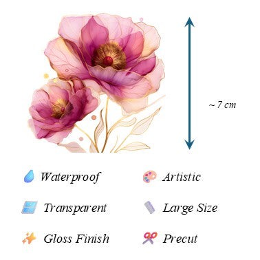 The Rose Noir - 30+ Dark Pink Colored Fantasy Flower Transparent Stickers Pack