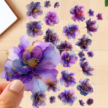 The Amethyst Dreams - 30+ Pruple Colored Fantasy Flower Transparent Stickers Pack