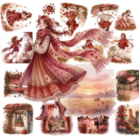 The Woodland Cottage - 30+ Warm Red Colored Cottagecore Journal Scrapbook Aesthetic Transparent Stickers