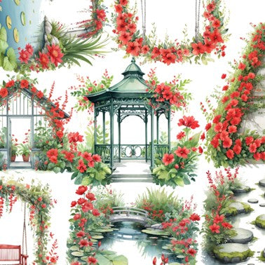 Transparent PET Stickers - Red Garden Elements (The Crimson Courtyard)