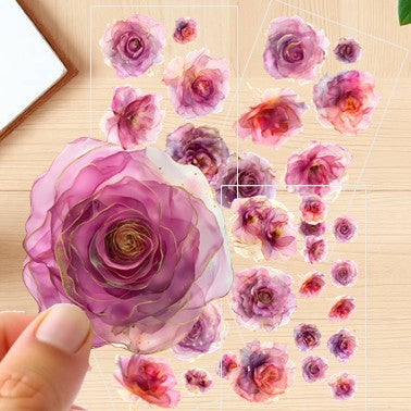 The Rose Petal Dream - 30+ Rose Pink Colored Fantasy Flower Transparent Stickers Pack