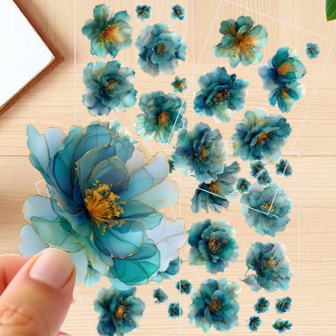 The Teal Reverie - 30+ Teal Colored Fantasy Flower Transparent Stickers Pack