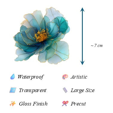 The Teal Reverie - 30+ Teal Colored Fantasy Flower Transparent Stickers Pack