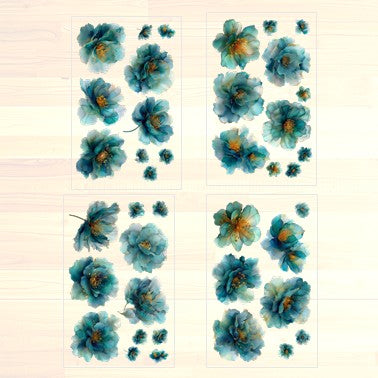 The Teal Reverie - 30+ Teal Colored Fantasy Flower Transparent Stickers Pack