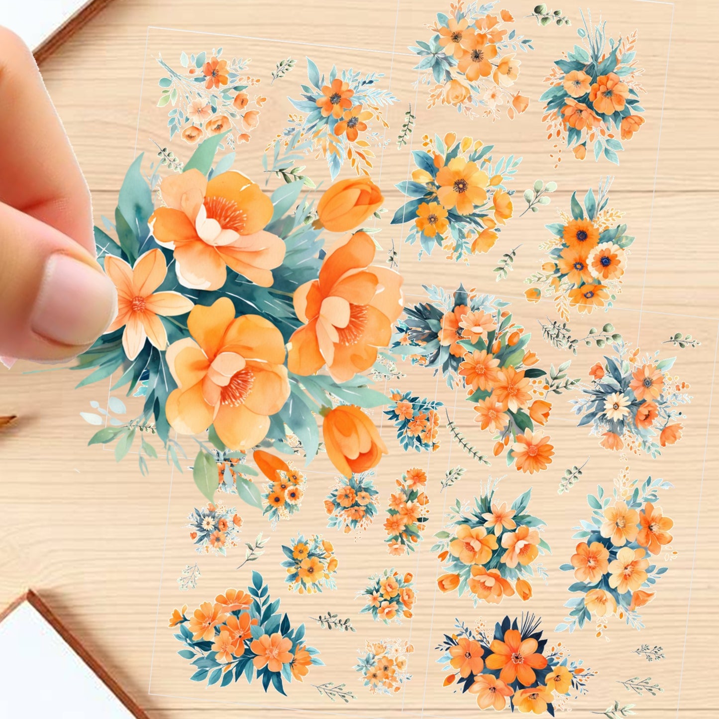 Transparent PET Stickers – Watercolor Orange Flowers (The Tangerine Flora)