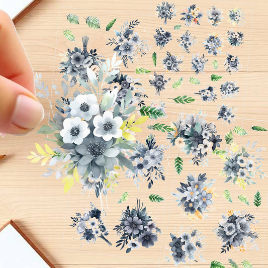 Transparent PET Stickers – Watercolor Grey Flowers (The Mist Blooms)