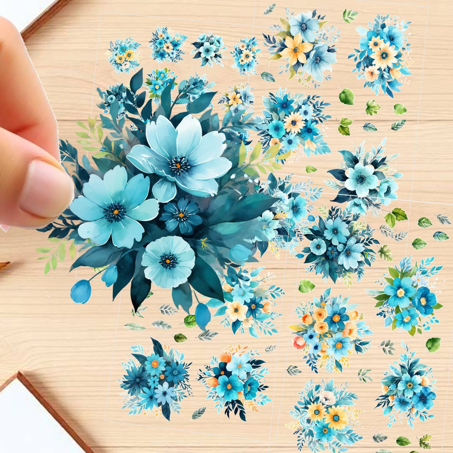 Transparent PET Stickers – Watercolor Cyan Flowers (The Aqua Blossoms)