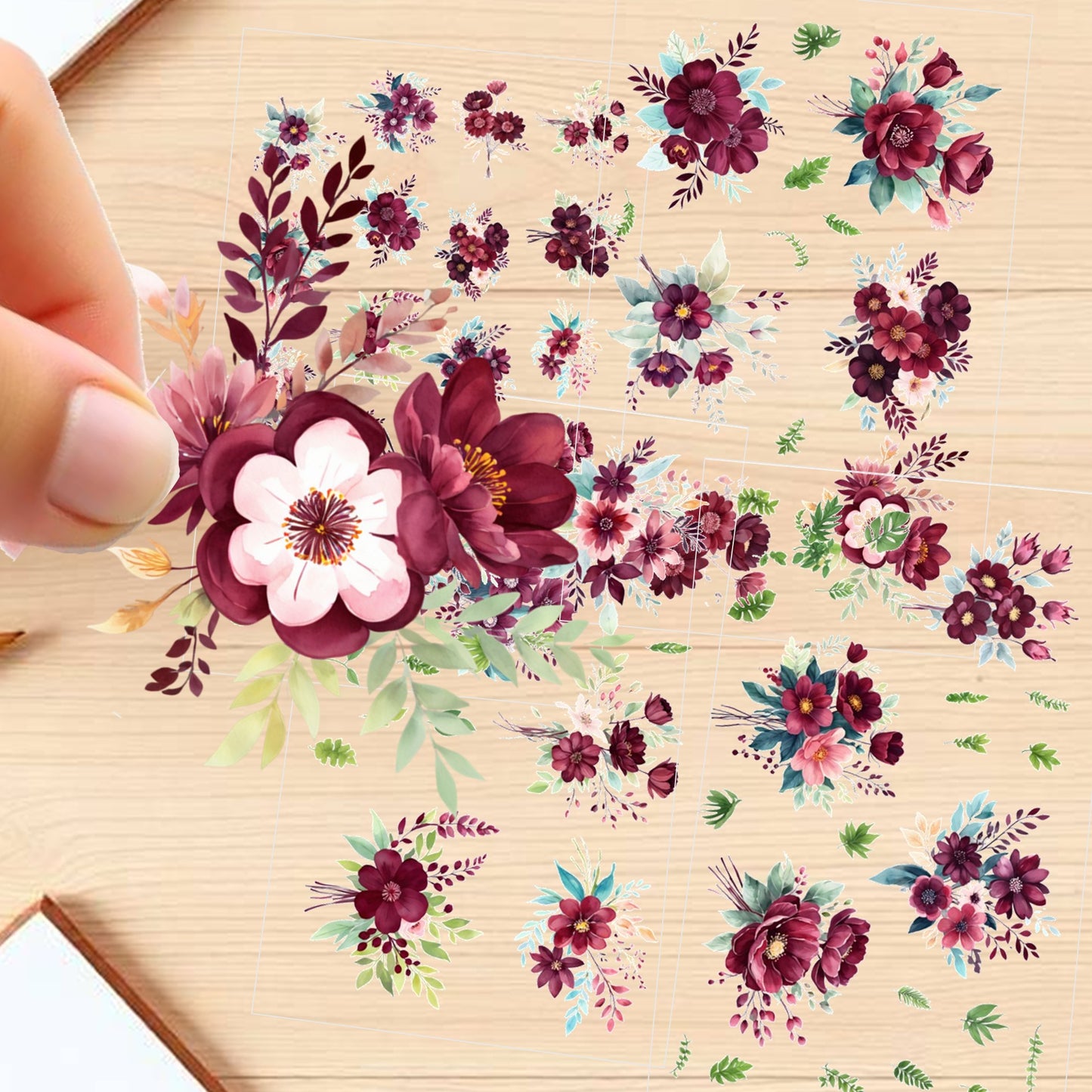 Transparent PET Stickers – Watercolor Crimson Flowers (The Crimson Blooms)
