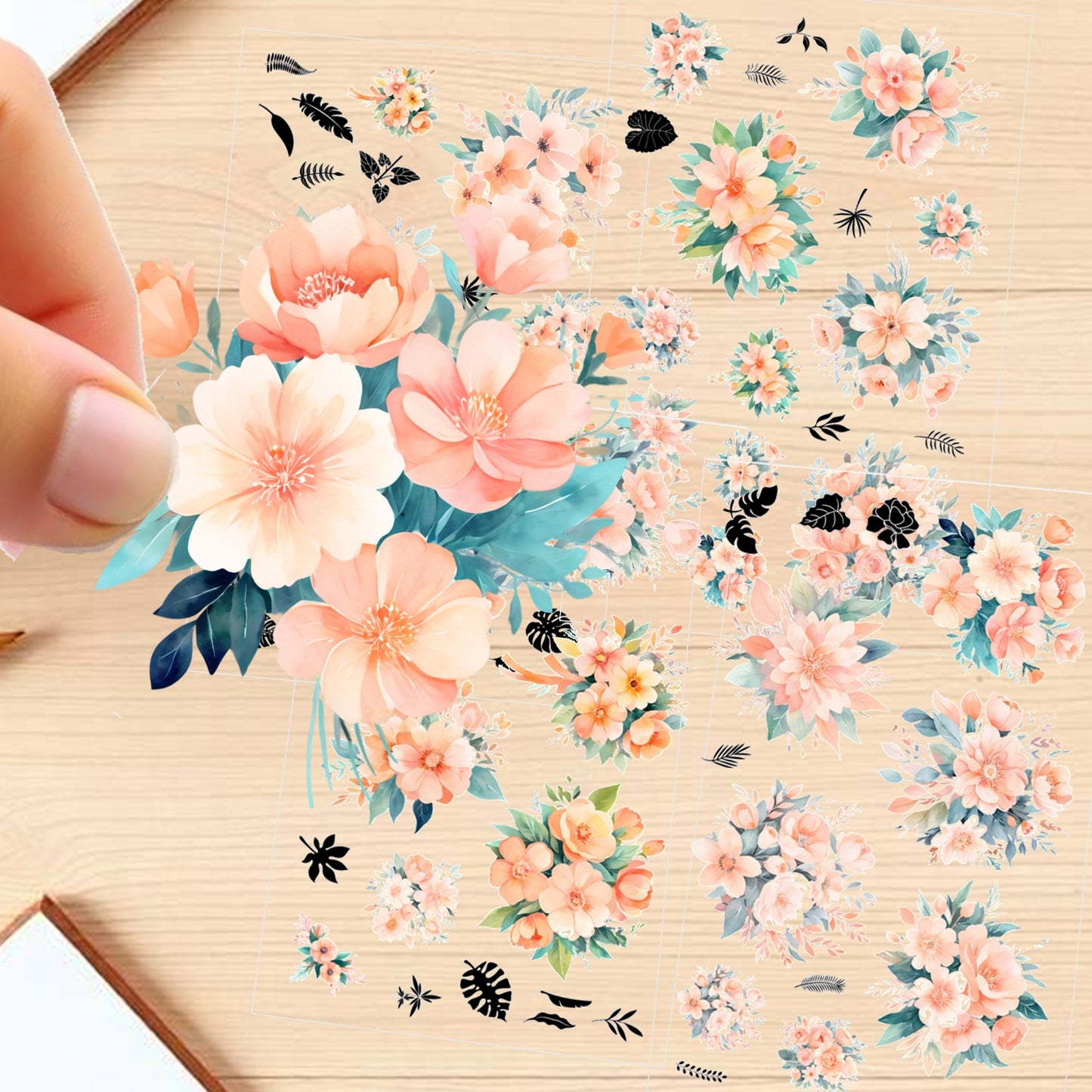 Transparent PET Stickers – Watercolor Peach Flowers (The Blushing Petals)