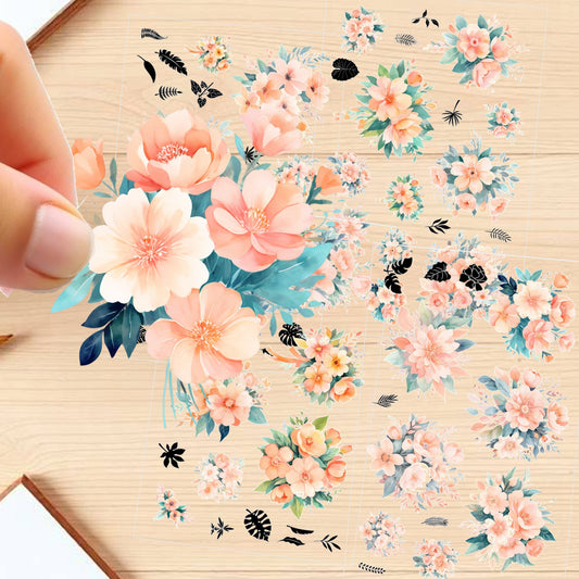 Transparent PET Stickers – Watercolor Peach Flowers (The Blushing Petals)
