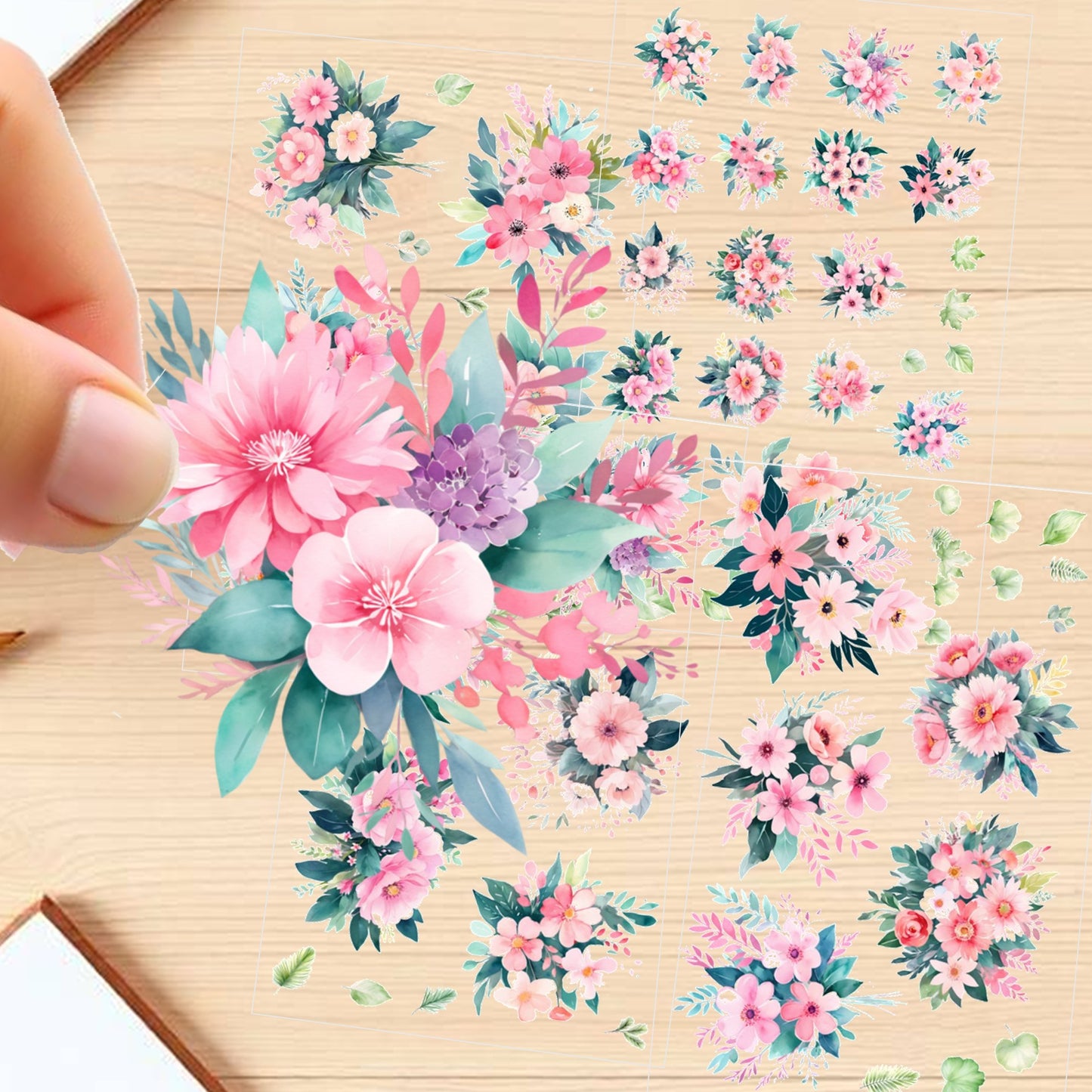 Transparent PET Stickers – Watercolor Pink Flowers (The Whimsical Melody)