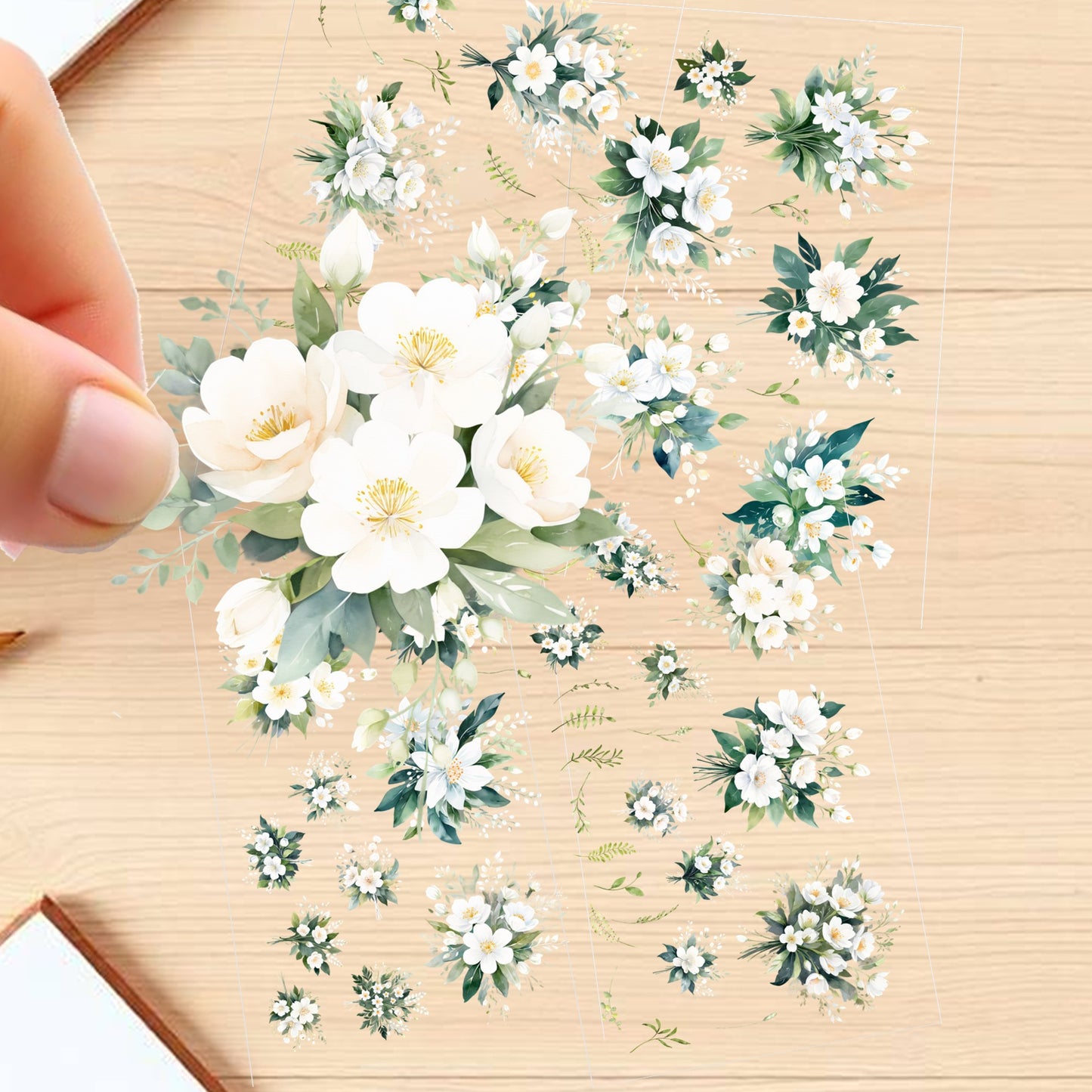 Transparent PET Stickers – Watercolor White Flowers (The Snow Blossoms)