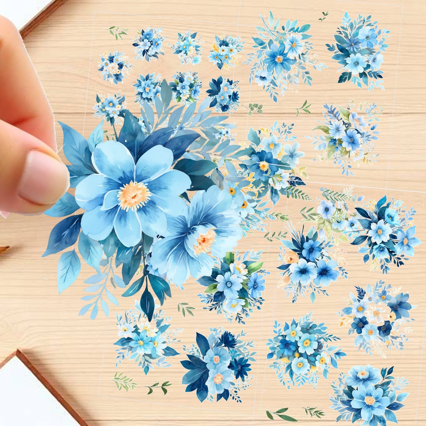 Transparent PET Stickers – Watercolor Light Blue Flowers (The Ocean's Whispers)