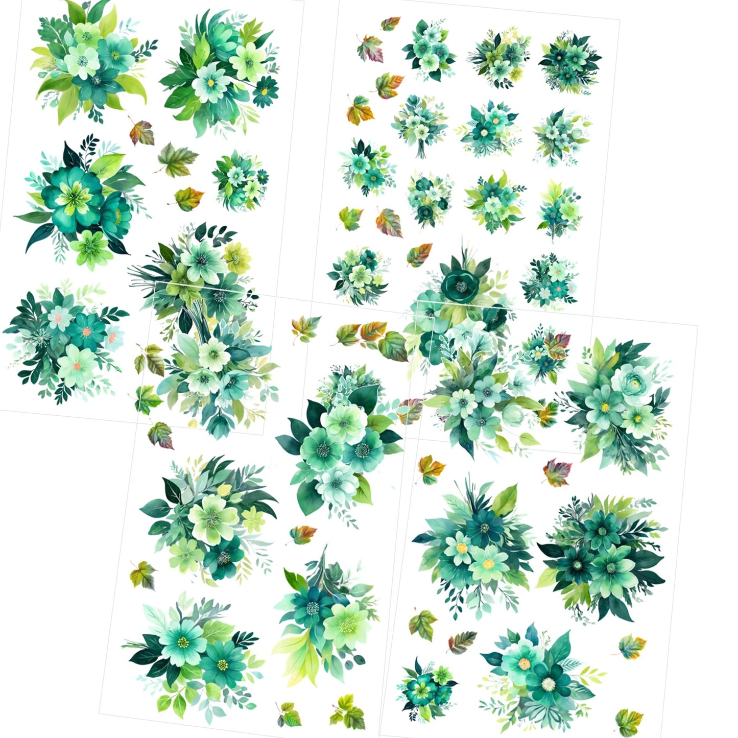 Transparent PET Stickers – Watercolor Green Flowers (The Verdant Serenade)