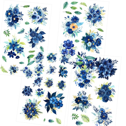 Transparent PET Stickers - Watercolor Dark Blue Flowers (The Azure Blossoms)