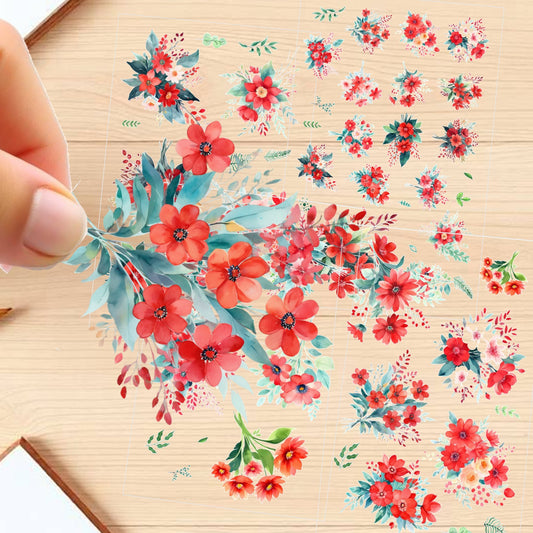 Transparent PET Stickers – Watercolor Red Flowers (The Scarlet Whispers)