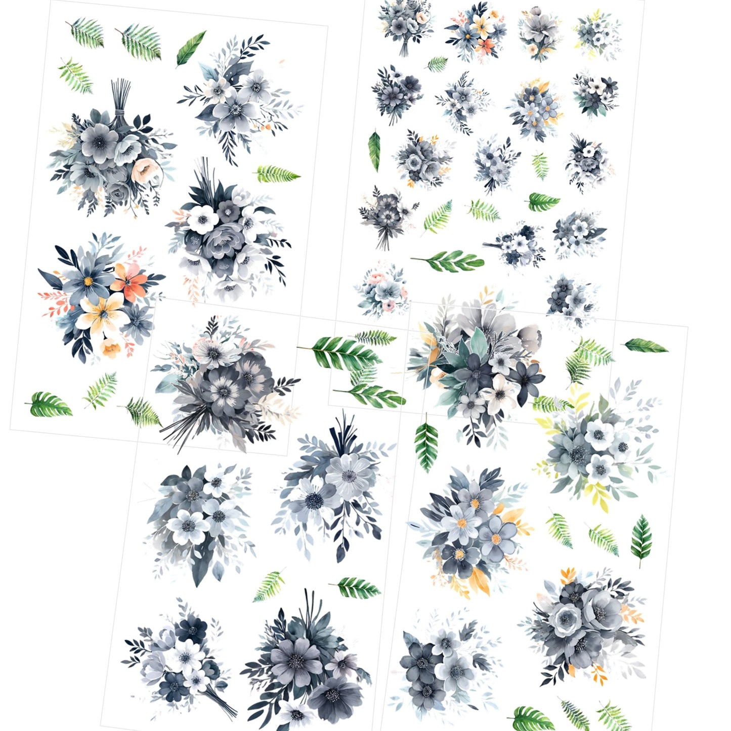 Transparent PET Stickers – Watercolor Grey Flowers (The Mist Blooms)
