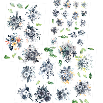 Transparent PET Stickers – Watercolor Grey Flowers (The Mist Blooms)