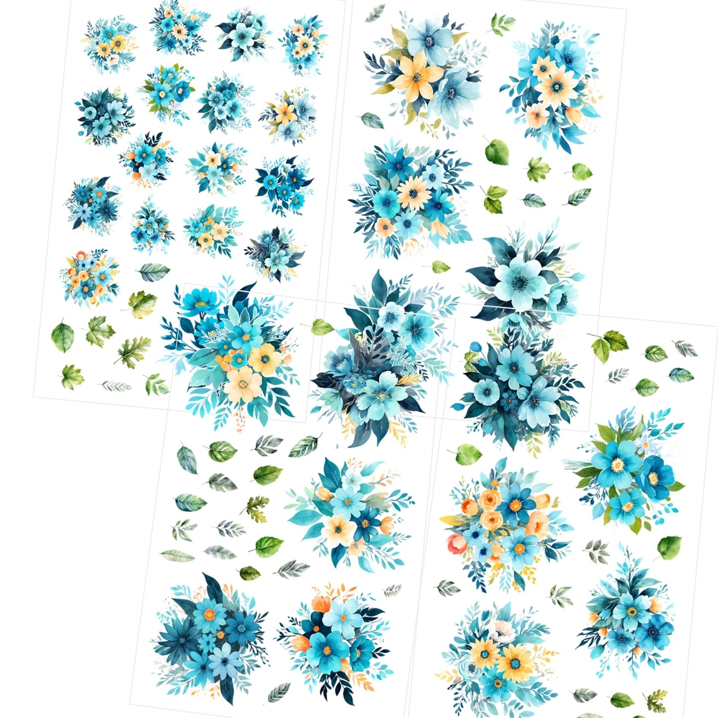 Transparent PET Stickers – Watercolor Cyan Flowers (The Aqua Blossoms)