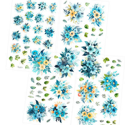 Transparent PET Stickers – Watercolor Cyan Flowers (The Aqua Blossoms)