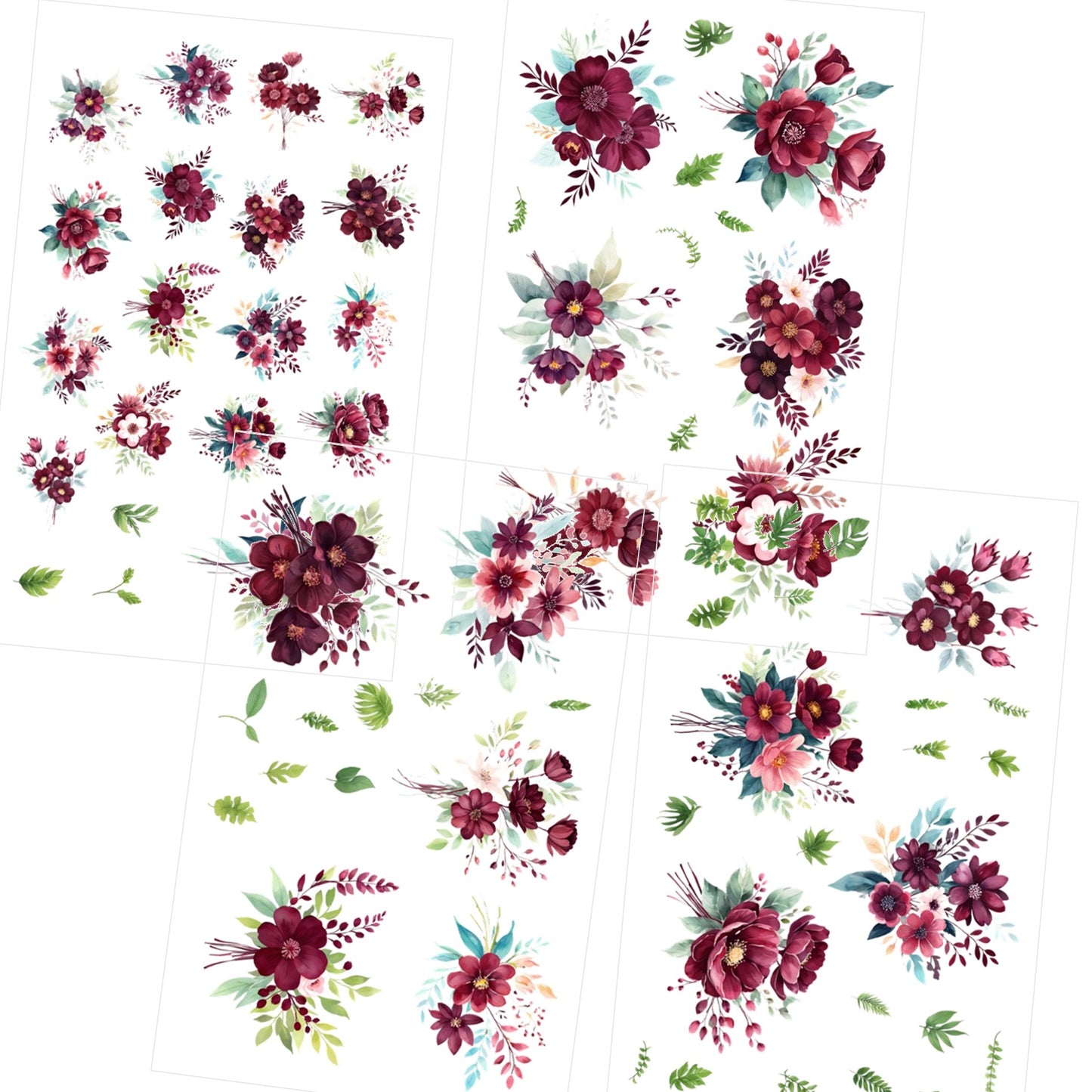 Transparent PET Stickers – Watercolor Crimson Flowers (The Crimson Blooms)