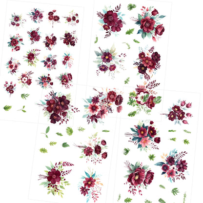 Transparent PET Stickers – Watercolor Crimson Flowers (The Crimson Blooms)