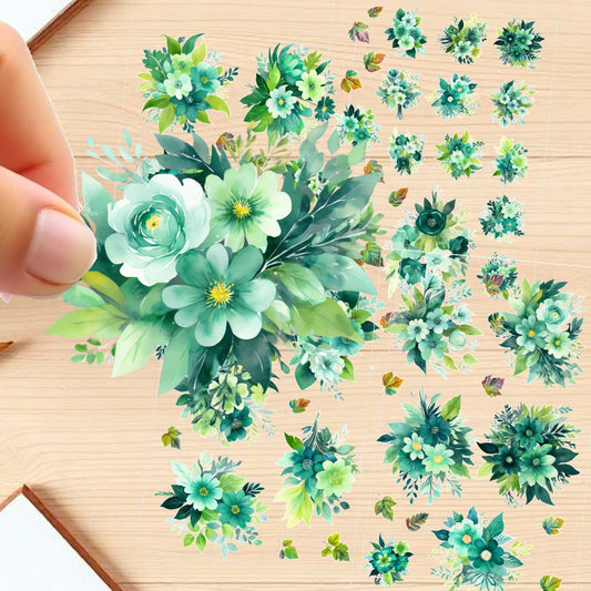 Transparent PET Stickers – Watercolor Green Flowers (The Verdant Serenade)