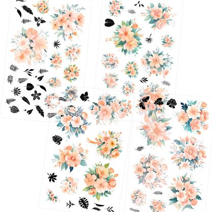 Transparent PET Stickers – Watercolor Peach Flowers (The Blushing Petals)