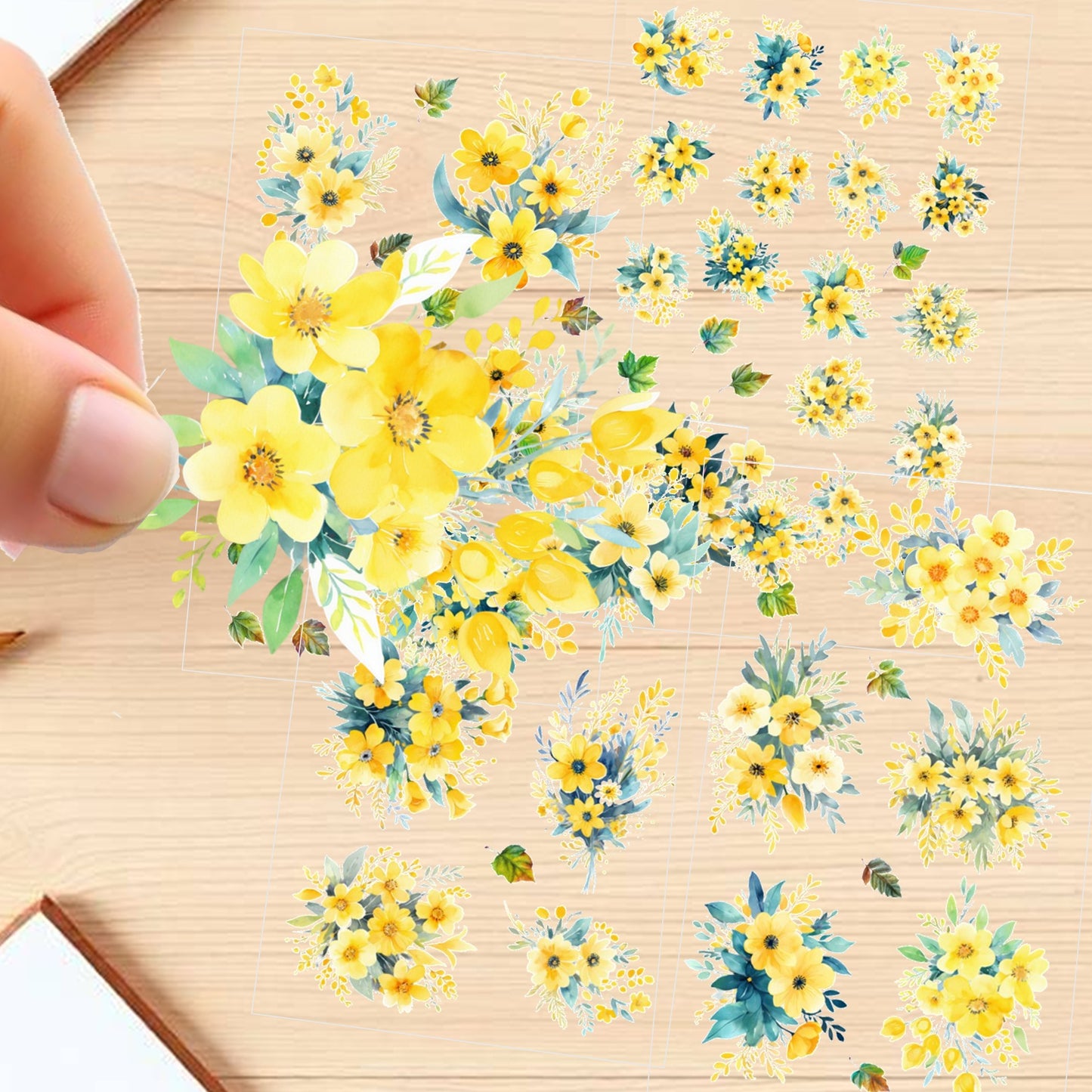 Transparent PET Stickers – Watercolor Yellow Flowers (The Whimsical Melody)