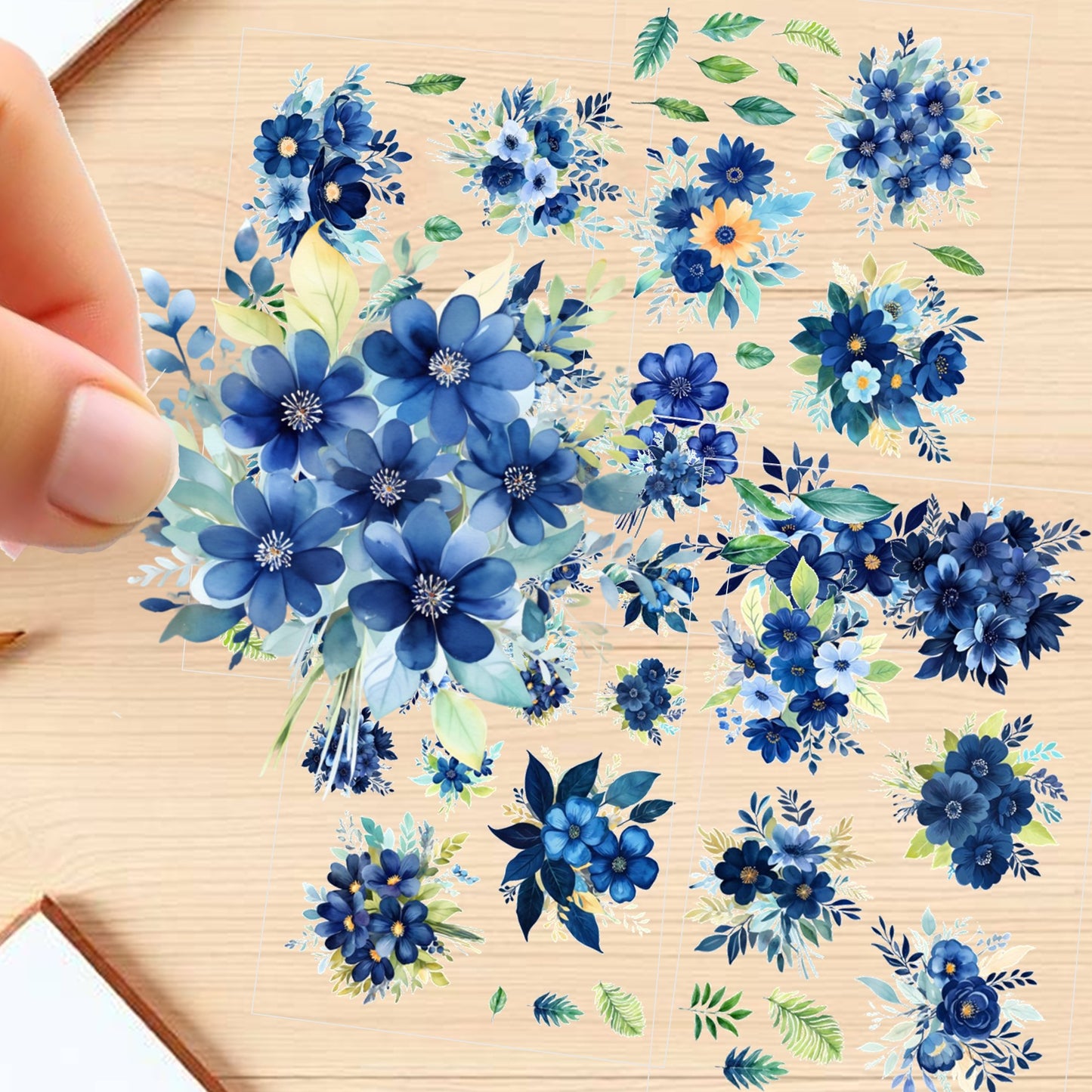 Transparent PET Stickers - Watercolor Dark Blue Flowers (The Azure Blossoms)