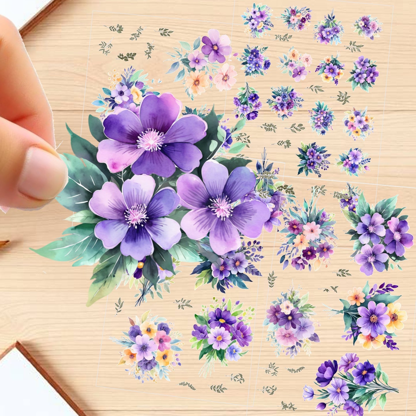 Transparent PET Stickers – Watercolor Violet Flowers (The Violet Enchantment)
