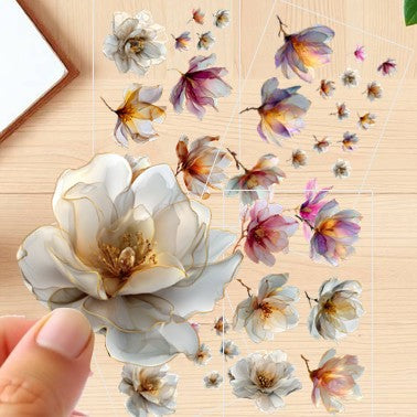 The Regal Blossoms - 30+ White Colored Fantasy Flower Transparent Stickers Pack