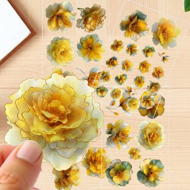 The AmberLight Blooms - 30+ Yellow Colored Fantasy Flower Transparent Stickers Pack